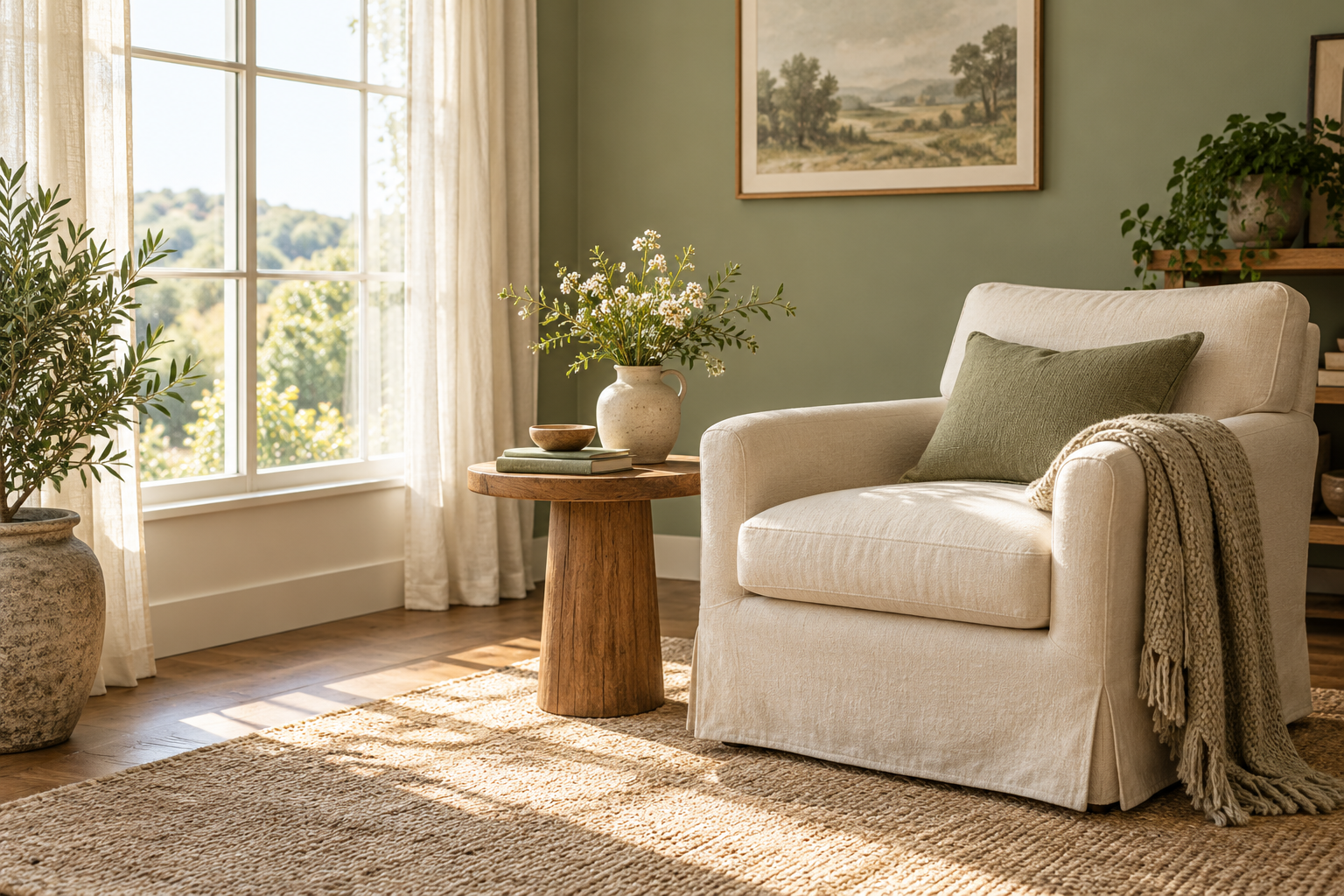 A sunlit room with a linen armchair, flowers, and muted sage walls